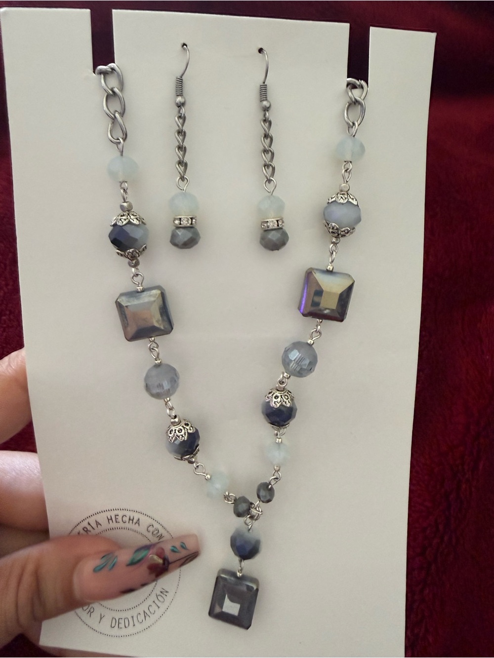 Handmade Silver-Tone Blue Gray Beaded Necklace & Earrings Set